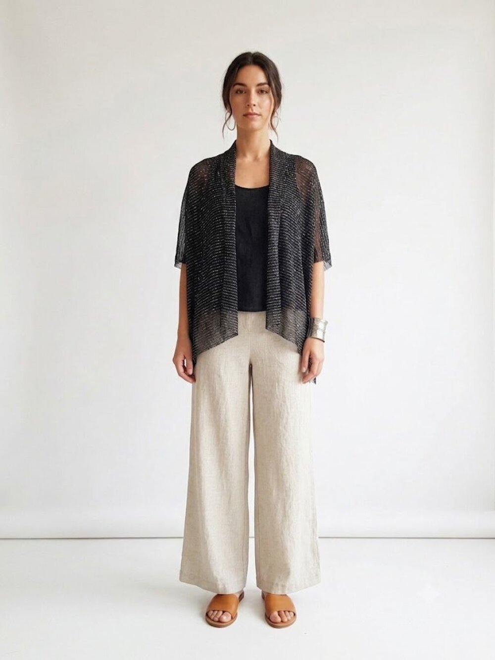 Nicole Paloma Hand Sewn Gauzy Open Knit Cardigan Wrap Black & White One Size